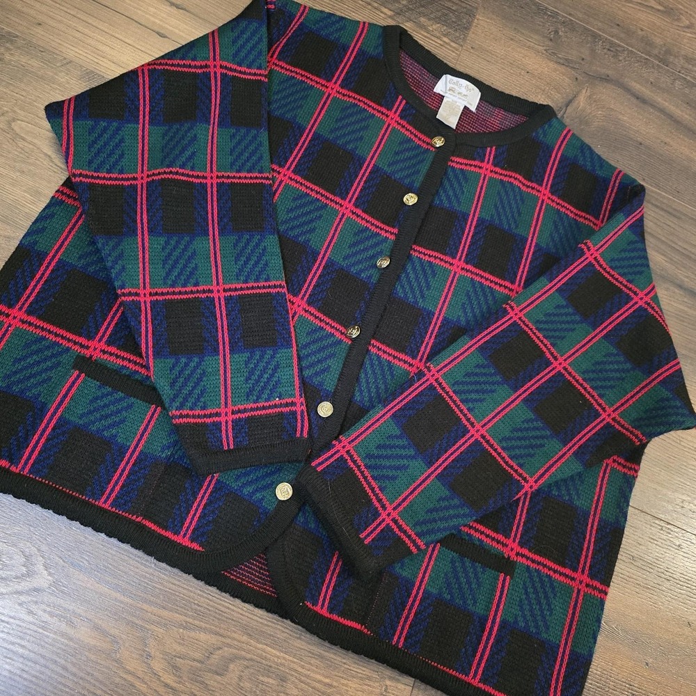Vintage Tally Ho Plaid Knit Cardigan 1X Red Black Christmas Holiday Cozy